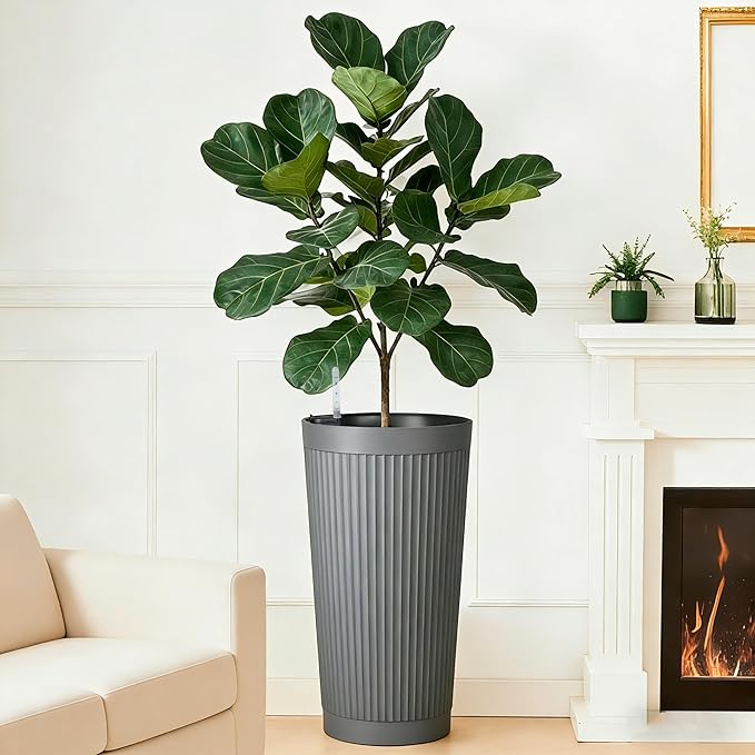 24" Large Planter Set of 2, Self Watering Tall Plastic Planters for Outdoor Plants, Modern Flower Pots Planter Outdoor for Patio, Front Door Decor, with Drainage (Gray Ribbed)