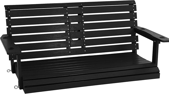 Poly Lumber 2-Seat Porch Swing, HIPS 4.5-Feet Bench Swing with Foldable Cup Holders,18/8 Stainless Steel Hardware, High Backrest and Deep Contoured Seat (Carbon Black, 4.5-feet)