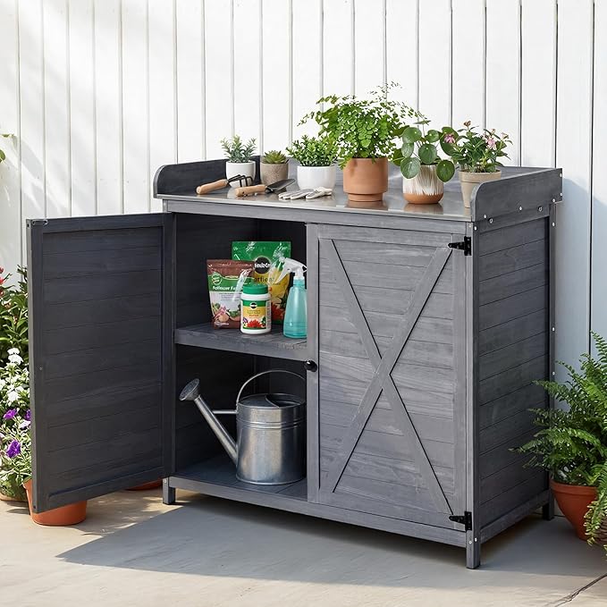 VEVOR Potting Bench Table, Outdoor Gardening Wooden Storage Cabinet with 39 x 19 in Wood Tabletop, Garden Planting Workstation with Large Storage Space for Patio, Backyard, Gray
