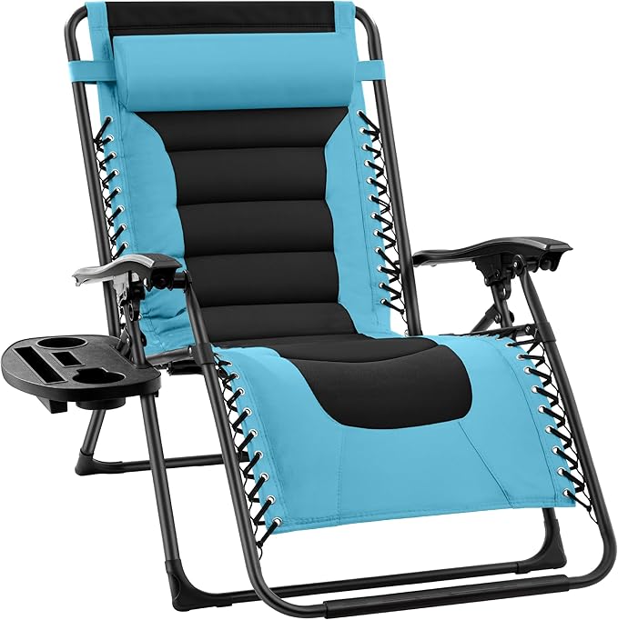 Best Choice Products Oversized Padded Zero Gravity Chair, Folding Outdoor Patio Recliner, XL Anti Gravity Lounger for Backyard w/Headrest, Cup Holder, Side Tray, Polyester Mesh - Light Blue/Black