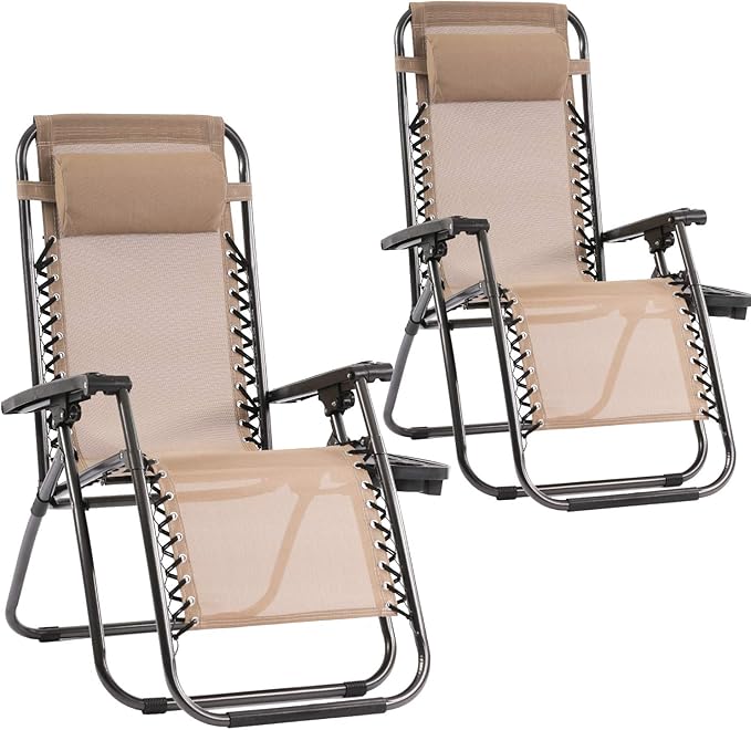 Set of 2 Zero Gravity Chairs Lounge Chair with Pillow and Cup Holder Patio Outdoor Adjustable Dining Reclining Folding Chairs for Deck Patio Beach Yard