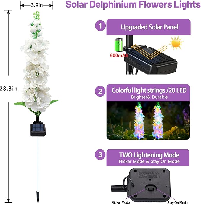 Solar Garden Lights, Delphinium Flowers 2 Pack 40 LEDs, Waterproof Outdoor Lights Two Lighting Modes for Wedding Party Garden Yard Patio Lawn Decor and Gift for Mother
