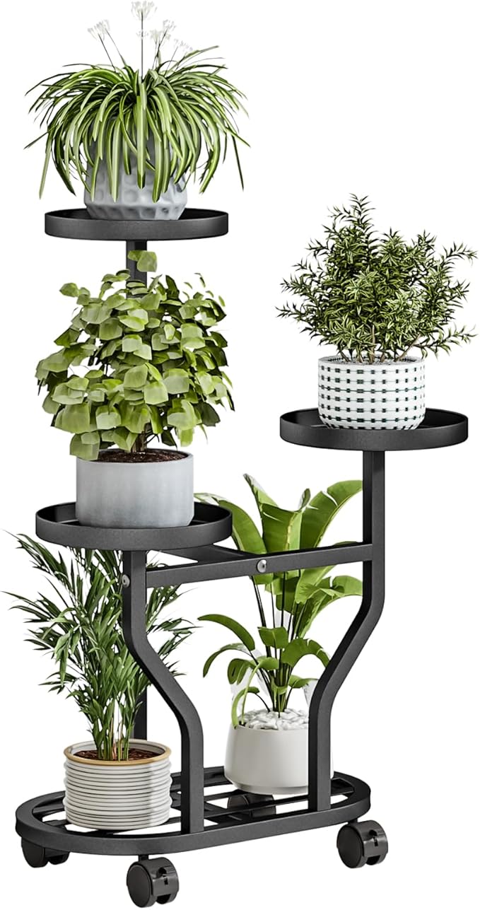 Plant Stand with Wheels 3 Tier Metal Plant Holder Corner Flower Shelf for Multiple Plants Display Rack for Bedroom Living Room Balcony Garden Black (Black, 3 Tier)