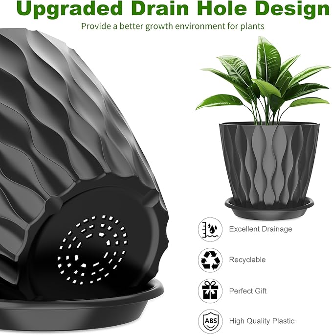 6 Pack 6 Inch Indoor Plant Pots with Drainage Holes, Outdoor Plastic Decorative Flower Pots, Garden Planters with Tray Saucers for Orchids, Violets, Succulents, Herbs, and Other Plants