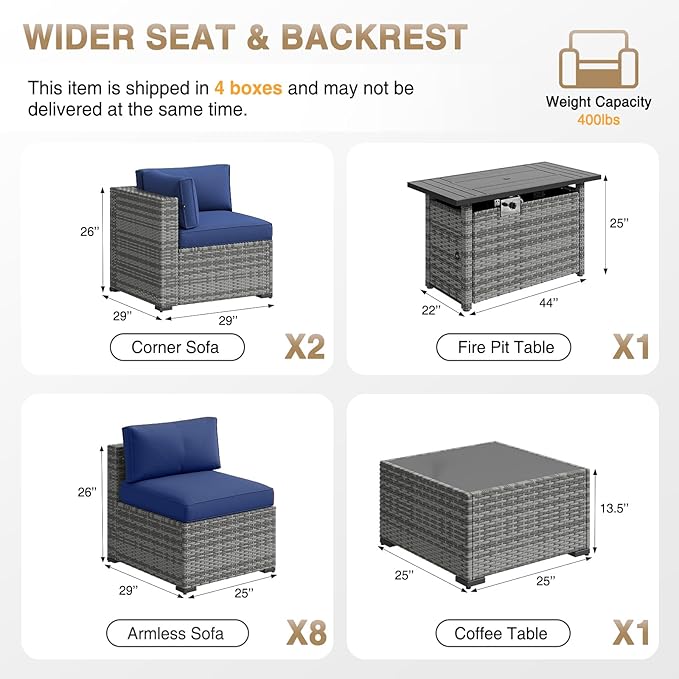 Aoxun Patio Furniture Sets, 12-Piece Outdoor Patio Furniture with 44'' Propane Gas Firepit Table, Wicker Outdoor Conversation Set Sectional Sofa for Backyard, Poolside, Garden