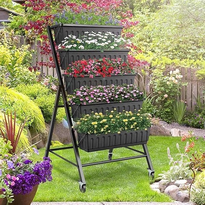 SEJOV 2 Pack Vertical Raised Garden Bed, 5-Tier Vertical Garden Planter with Drainage System, Larger Elevated Planter Box for Herbs Vegetables Flowers Indoor Outdoor (Black with Lockable Wheels