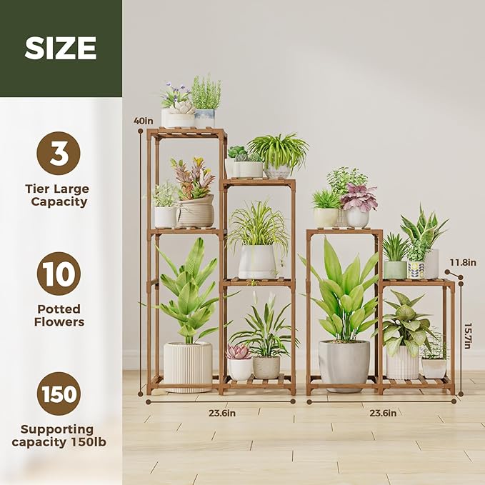 Bamworld Indoor Plant Stands Outdoor Combo Plant Shelves for Multiple Plants 10 Pots Wooden 2 Sets of Package Plant Rack for Living Room Balcony Garden