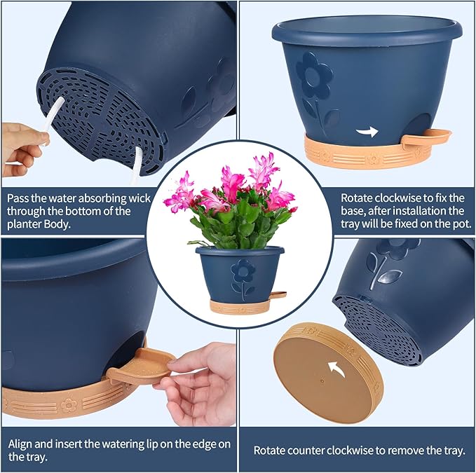 Plastic Plant Pots 10 Inch Set of 4, Self Watering Pots with Drainage Holes, Saucer & Reservoir, Flower Pots for Indoor/Outdoor Plants, Decorative Nursery Planting Pots (Blue)