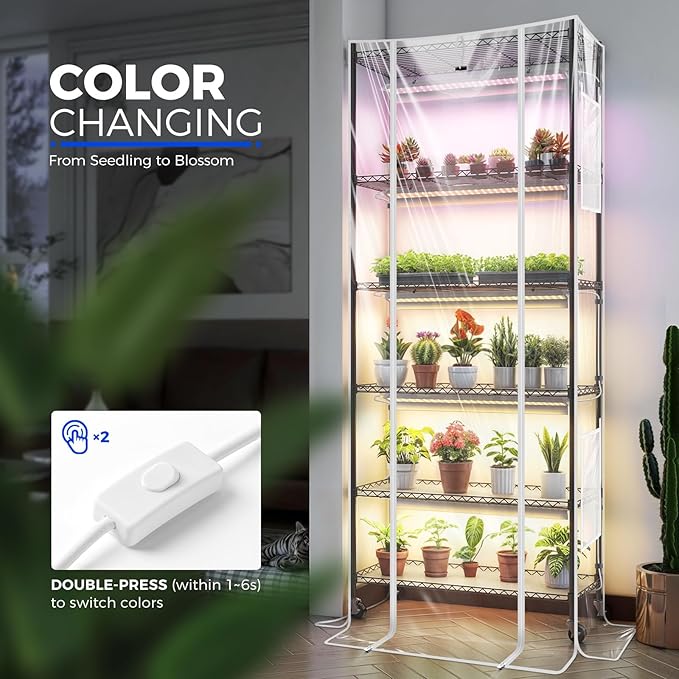 Barrina CX2Z Greenhouse with Grow Light for Indoor Plant & Seedlings, 6-Tier Plant Shelf with 2FT 30W(Per Light) Full Spectrum Plant Lights, 3 Adjustable Spectrum and Timer, 29x14x71 Inches