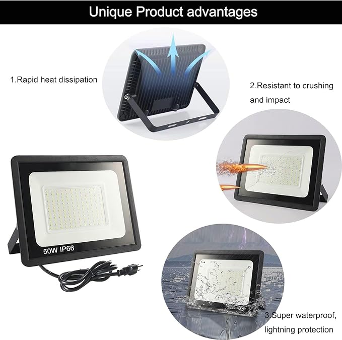 4Pack LED Flood Light Outdoor,50W LED Work Light 5500lm with 6FT US Plug,IP66 Waterproof Exterior Security Lights,6000K Daylight White Outside Floodlights Slim Design for Playground Yard