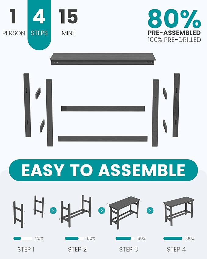 SERWALL 41" Outdoor Bar Table with 1.6" Umbrella Hole, HDPE Patio Bar Counter Height Table, All-Weather Rectangle Bar Table for Backyard, Garden, Poolside, Balcony - Grey