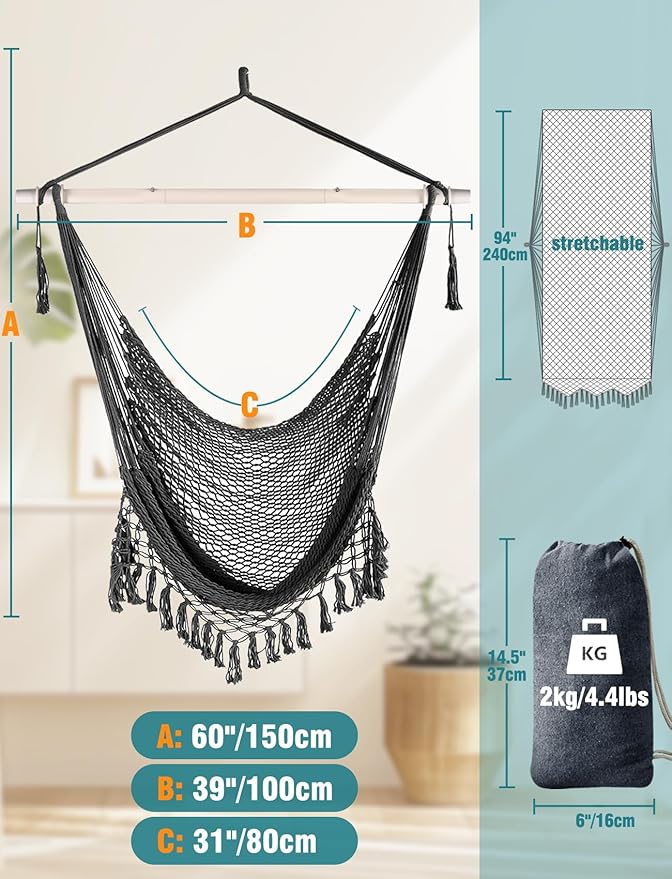 Chihee Hammock Chair Super Large Soft-Spun Cotton Rope Weaving Hanging Chair, Collapsible Strong Metal Spreader Bar Wide Seat Lace Stretch Swing Chairs Indoor Outdoor Garden Yard Theme Decoration