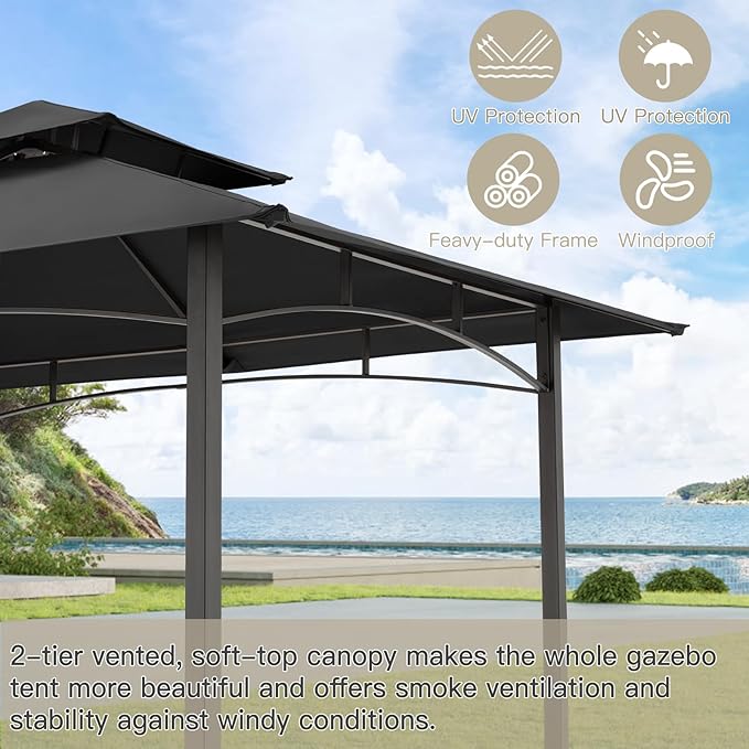 AECOJOY 8' x 5' Outdoor Grill Gazebo, BBQ Canopy for Outdoor Grill, 2- Tier BBQ Grill Gazebo Shelter for Patio, Backyard and More (Black)