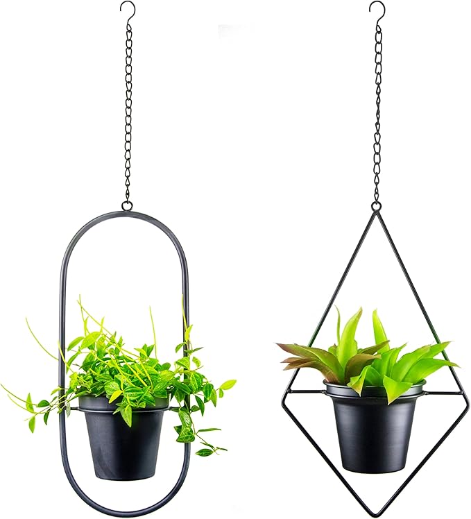 Modern Hanging Planters for Indoor Plants, Metal Plant Hanger with 5 inch Flower Pot, Set of 2 Black Plant Holder in Diamond and Oval Shape, Small Wall and Ceiling Hanging Pot for Outdoor Plants