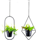 Modern Hanging Planters for Indoor Plants, Metal Plant Hanger with 5 inch Flower Pot, Set of 2 Black Plant Holder in Diamond and Oval Shape, Small Wall and Ceiling Hanging Pot for Outdoor Plants