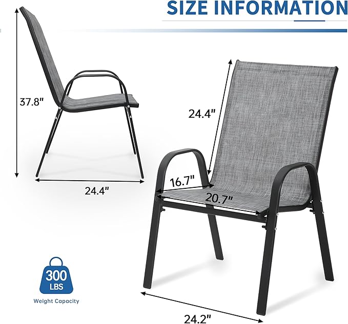 PIZZELLO Patio Chairs Set of 4, Outdoor Stackable Dining Chairs for All Weather, Lightweight Textilene Outdoor Chair Sets with Armrests, 330Lbs Capacity, for Backyard Porch Poolside Garden (Grey)