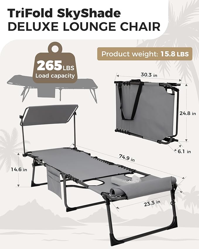 KingCamp 2 Pack Tanning Chair with Face Hole, Lounge Chairs Outdoor Folding Comfy Adjustable 5-Position Foldable Chaise Chaser with Canopy Shade for Outside Beach Patio, Grey