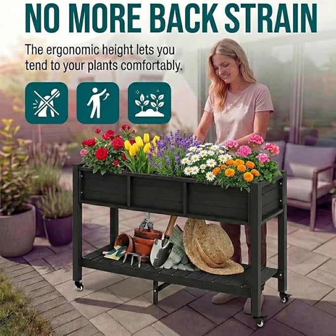 YITAHOME Raised Garden Bed HDPE, 47x18x31In Raised Flower Bed Poly-Wood Weather-Resistant Elevated Planter Box with Lockable Wheels & Storage Shelf for Vegetable Flower, Black