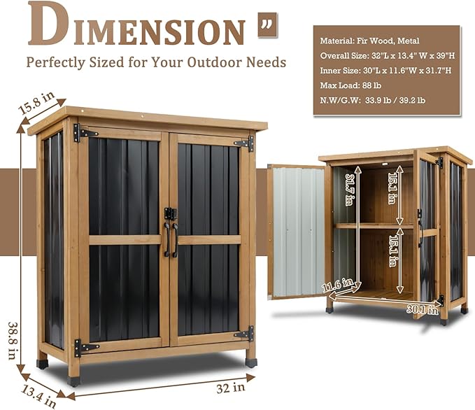 PetsCosset Weatherproof Outdoor Storage Cabinet with Lockable Doors, Wood & Metal Garden Storage Shed Patio Storage Box for Tools & Lawn Equipment, Pool Accessories