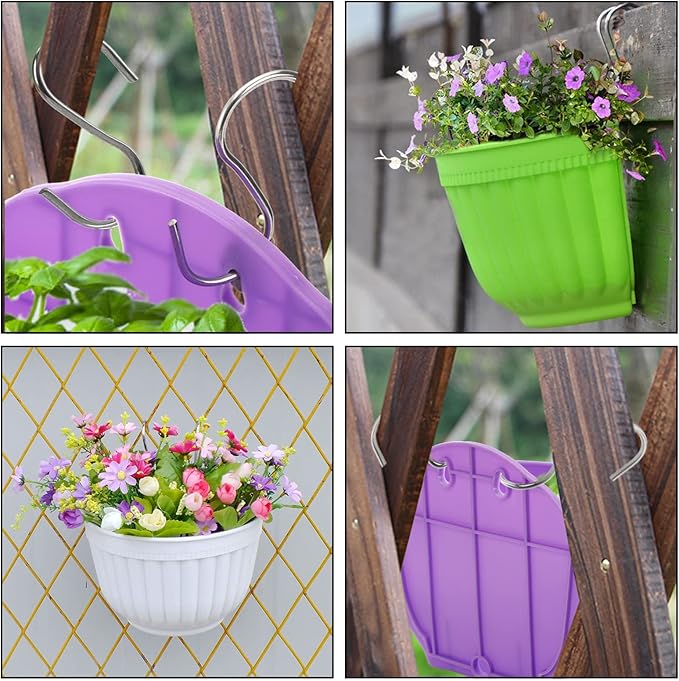DEAYOU 6 Pack Wall Planter Hanging Flower Pot, Window Hang Indoor Outdoor Plant Basket for Fence, Railing Resin Pots with S Hooks and Drainage Meshes, Half Round Herb Holders for Garden