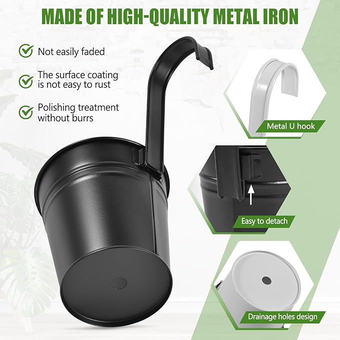 OBTANIM 12 Pack Metal Hanging Flower Pots Railing Planter Outdoor Fence Hanging Bucket Plant Holder with Detachable Hooks Drain Holes for Home Garden Yard Decor (Black and White, 4 x 4 Inch)