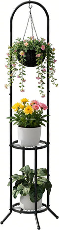 2-tier Hanging Plant Stand Plant Hanger Indoor Outdoor Corner Plant Stands for Indoor Plants, Space-Saving Iron Planter Shelves, Multiple Flower Pot Display Holder Shelf with Hanging Hook, Indoor Outdoor Heavy Duty Planter Shelving Unit (n-style,Black)