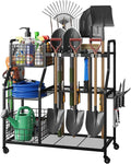 keomaisyto Garden Tool Organizer with Heavy Duty Wheels for Garage - with 2 Baskets, Large Yard Tool Organizer and Storage Holder, Utility Garden Tool Rack for/Shed/Garage/Yard/Basement/Lawn