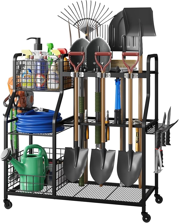 keomaisyto Garden Tool Organizer with Heavy Duty Wheels for Garage - with 2 Baskets, Large Yard Tool Organizer and Storage Holder, Utility Garden Tool Rack for/Shed/Garage/Yard/Basement/Lawn