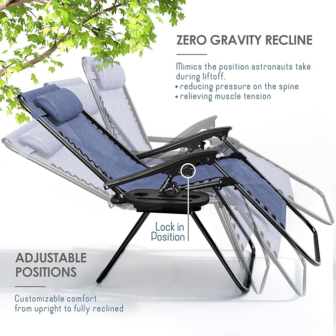 Nestl Zero Gravity Chairs Set of 4, Patio Lounge Chair Outdoor with Pillows & Cup Holder Trays, Adjustable Steel Mesh Reclining Camping Chair, Folding Patio Lawn Chair for Deck, Beach, Yard - Blue