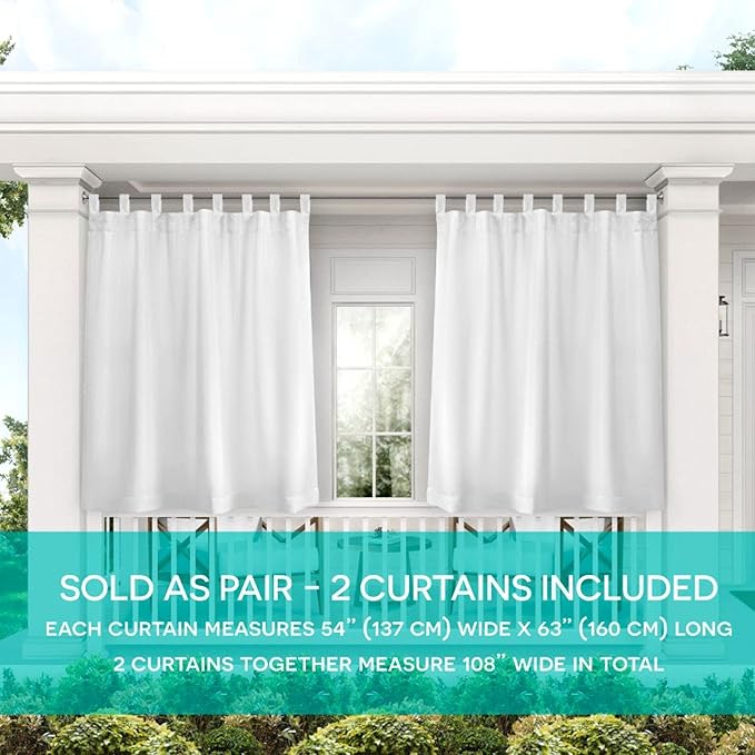 Exclusive Home Cabana Solid Indoor/Outdoor Light Filtering Hook-and-Loop Tab Top Curtain Panel Pair, 54"x63", White