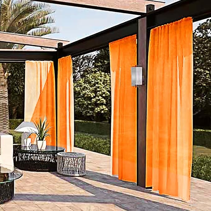 SpaceDresser Waterproof Outdoor Sheer Curtains for Patio - 2 Panels Rod Pocket Indoor Voile Sheer Curtain for Living Room,100W x 120L inch, Orange