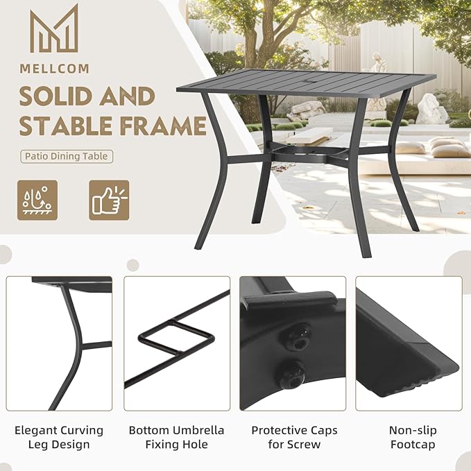 MELLCOM 37''x37'' Outdoor Dining Table for 4, E-Coating Metal Patio Dining Table with 1.57'' Umbrella Hole, All-Weather Black Square Table for Porch, Garden, Backyard, Poolside