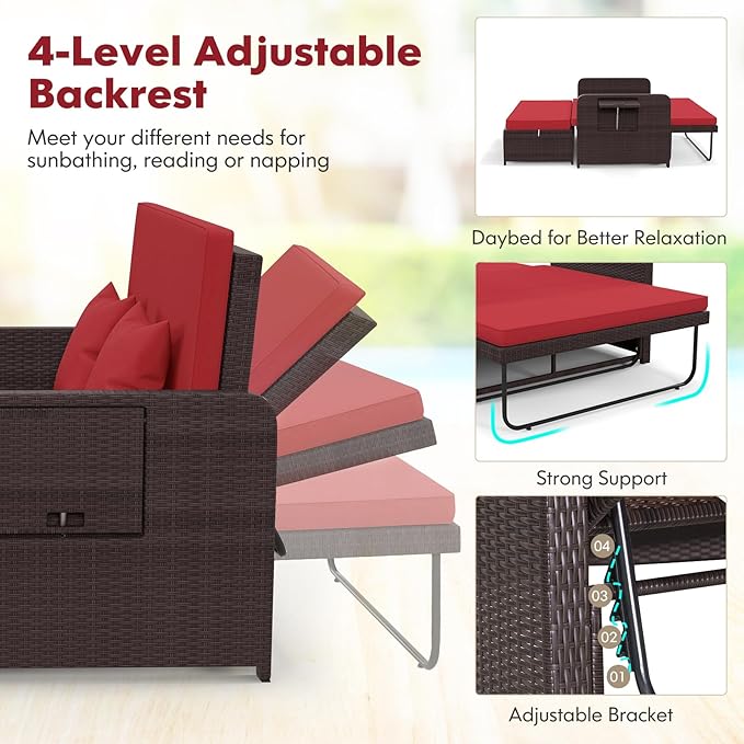 Nightcore Wicker Patio Outdoor Daybed, Outdoor Chaise Lounger w/ 4-Level Adjustable Backrest, Retractable Side Trays, Storage Ottoman, Comfortable & Removable Cushions, Rattan Loveseat (Red)