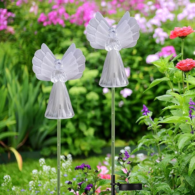 Solar Angel Lights Outdoor Decor - 2 Pack Decorative Color Changing Waterproof LED Angel Stake Lights for Cemetery Grave Garden Patio Yard Art Lawn Decoration, Grave Markers, Memorial Gifts