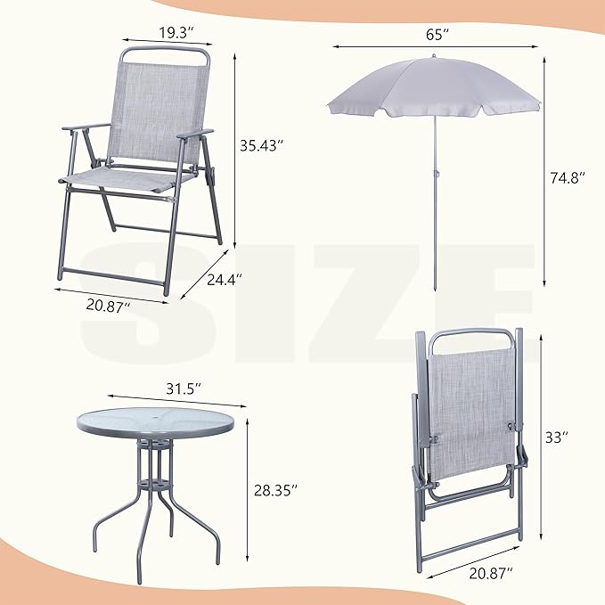 Vongrasig 6 Pieces Folding Patio Dining Set, All Weather Small Metal Outdoor Table and Chair Set, Garden Patio Furniture Set w/Umbrella, Glass Table & 4 Folding Chairs for Lawn, Backyard, Silver