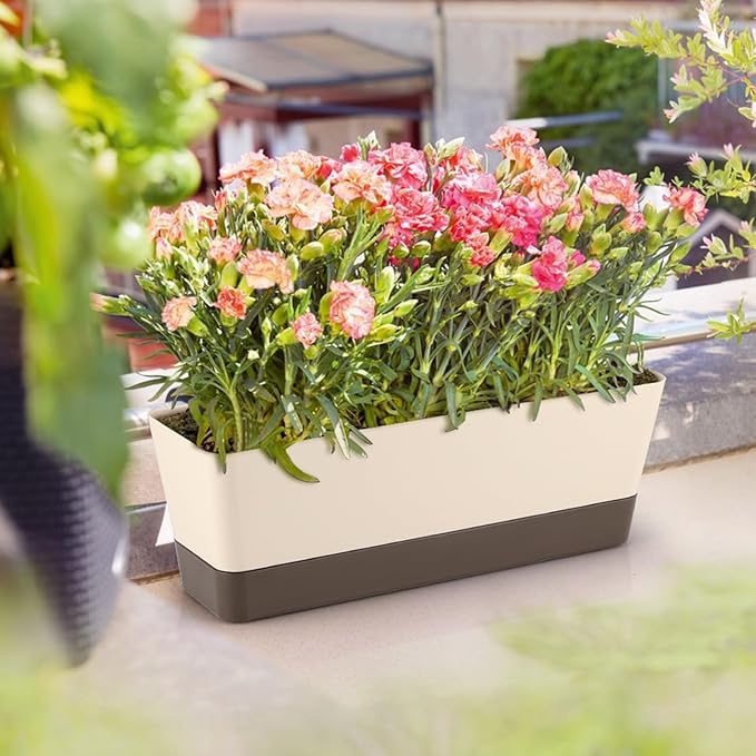 Window Box Planter with Tray, 12" Rectangle Plant Pot, Pack of 3 (Beige)