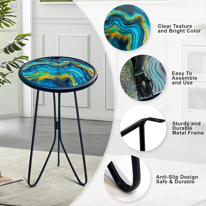 LIFFY Patio Side Tables,12" Indoor Outdoor Metal Side Table with Glass Tabletop,Round Decorative Plant Stand & Accent Table for Garden, Yard, Balcony, Backyard, Porch