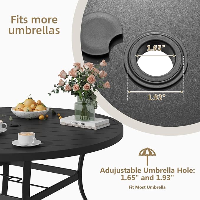 MELLCOM 53'' Round Outdoor Dining Table for 6, Metal Patio Dining Table with Umbrella Hole, All-Weather Black Table for Porch, Garden, Backyard, Poolside, Lawn