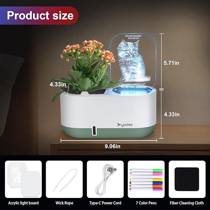 Self-Watering Plant Pot with LED Note Board & 7 Colors Pen Acrylic Message Board with Light Acrylic Dry Erase Board, Led Cat Board Night Light with Planting Pot for Christmas(No Plant&Seed)