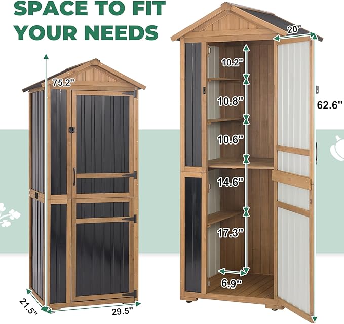 Large Outdoor Storage Cabinet with 4 Shelves, Wood Outdoor Storage Shed with Weatherproof Roof, Lockable Doors, Tall Outdoor Patio Cabinets for Garden Tool and Accessories, Brown