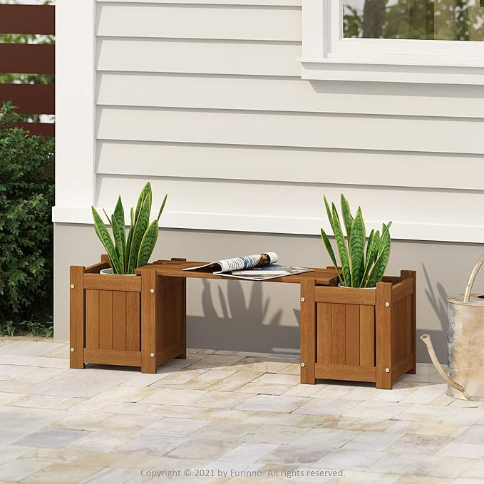 Furinno Tioman Hardwood Mini Outdoor Planter Box with Bench for Garden Plant