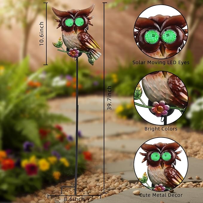 Solar Owl Garden Stakes Decorative with Moving LED Eyes Lights, 39.7" Owl Solar Lights Outdoor Garden for Pathway Patio Yard Metal Art