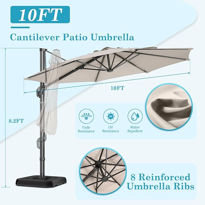 HOTEEL10x10ft Patio Umbrella Cantilever Umbrellas - Upgrade and Intensify - 360 Rotation and 5 Angles Adjustment - Aluminum Offset Pool Umbrella Outdoor Umbrellas for Patio Garden Pool