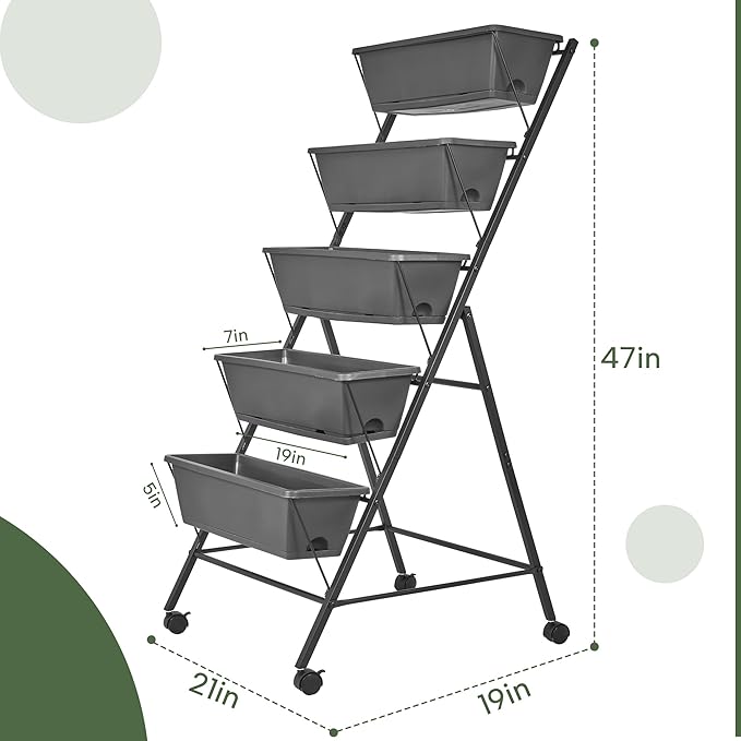 GENMOUS 5 Tier Raised Garden Bed Tall 45FT Vertical Elevated Garden Planter Standing Garden Bed Planter Box with Drainage Holes Removable Tray Outdoor Herb Planter Stand on Patio Balcony Porch Black