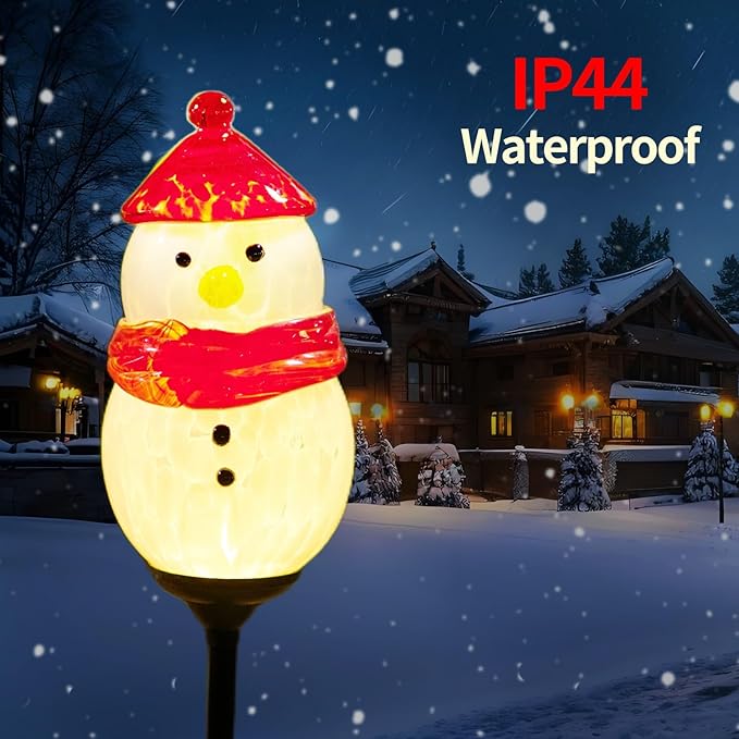 Solar Powered Garden Stake Lights Outdoor, Cute Animal Outdoor Figurine Lights Ornament Statue Decor for Pathway, Patio, Red Snowman