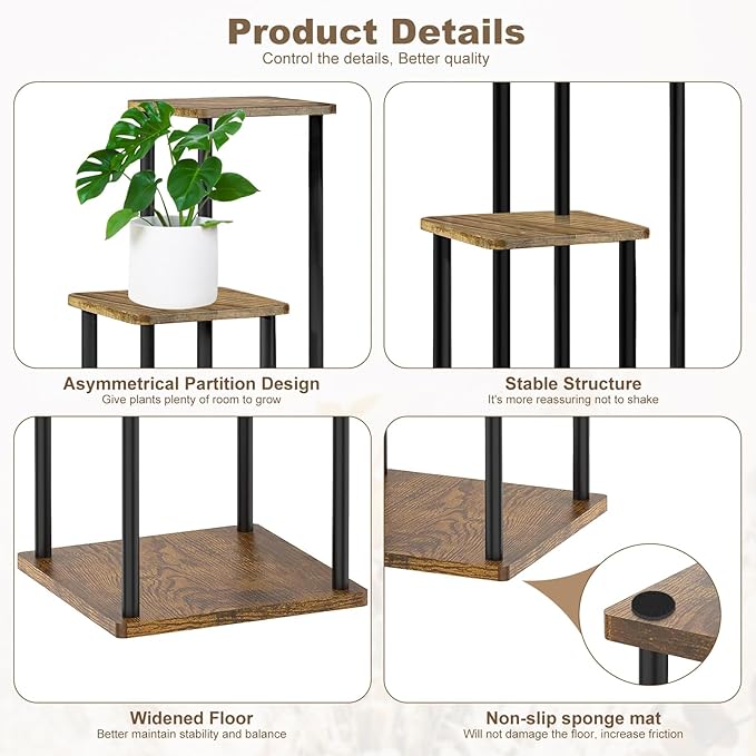 4 Tier Plant Stand Indoor, Thickened Metal Wood Corner Plant Shelf Stands for Multiple Plants, Indoor Tall Plants Stand Tiered Flower Holder for Living Room Patio Garden Balcony(Black+Brown)