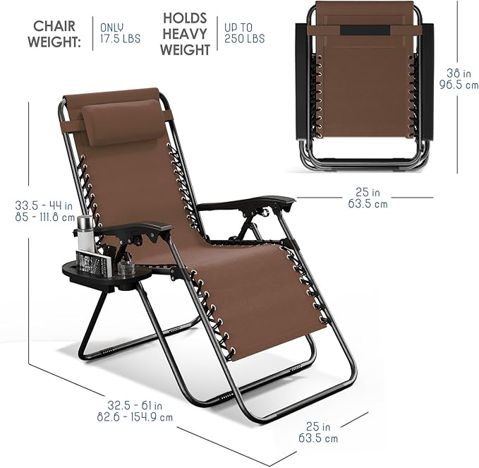 Nestl Zero Gravity Chairs Set of 4, Patio Lounge Chair Outdoor with Pillows & Cup Holder Trays, Adjustable Steel Mesh Reclining Camping Chair, Folding Patio Lawn Chair for Deck, Beach, Yard - Brown