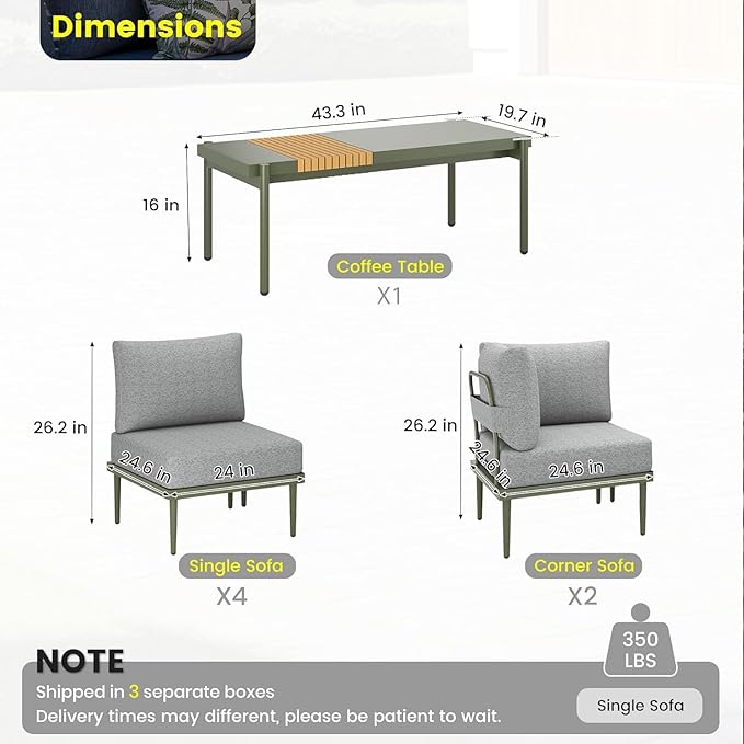 Sundale Outdoor 7 Pieces Metal Patio Furniture Set, Outdoor Sectional Sofa with 6 Inch Olefin Cushion, Modern Outdoor Conversation Sets for Backyard, Poolside, Sunroom