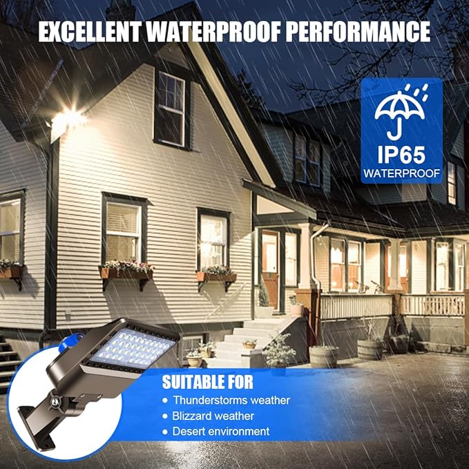 Juyace 150W LED Dusk to Dawn Flood Light, IP65 Waterproof Commercial Wall Building & Shoe Box Fixture, 5000K Daylight Outdoor Security Lighting for Barn, Street, Parking Lot, Warehouse, Yard 110-277V