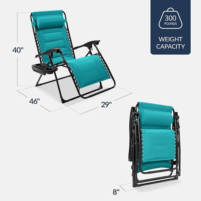 Best Choice Products Oversized Padded Zero Gravity Chair, Folding Outdoor Patio Recliner, XL Anti Gravity Lounger for Backyard w/Headrest, Cup Holder, Side Tray, Polyester Mesh - Peacock Blue